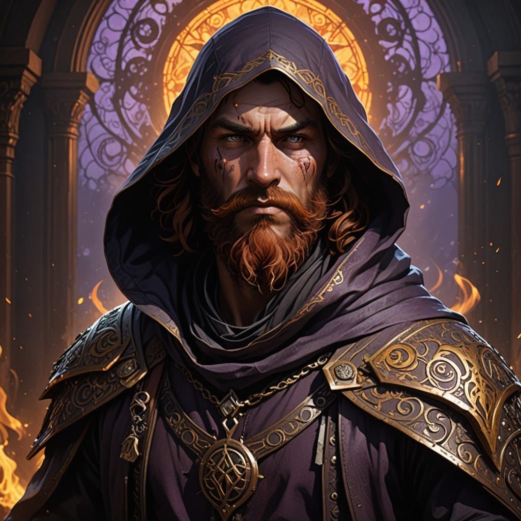 Mystical Assassin with Fiery Red Beard and Ancient Symbol Ho...