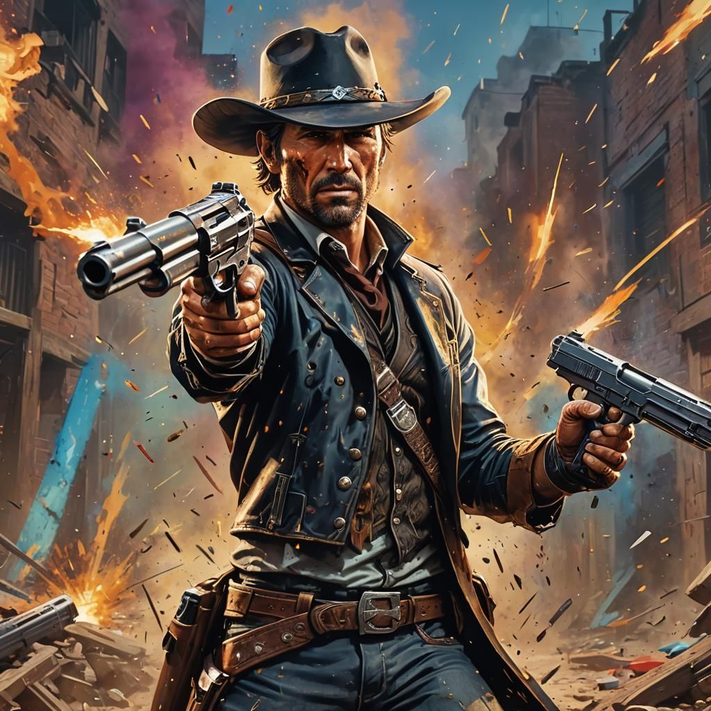 Hyperrealistic Gunslinger with Dual Pistols: Splash Art