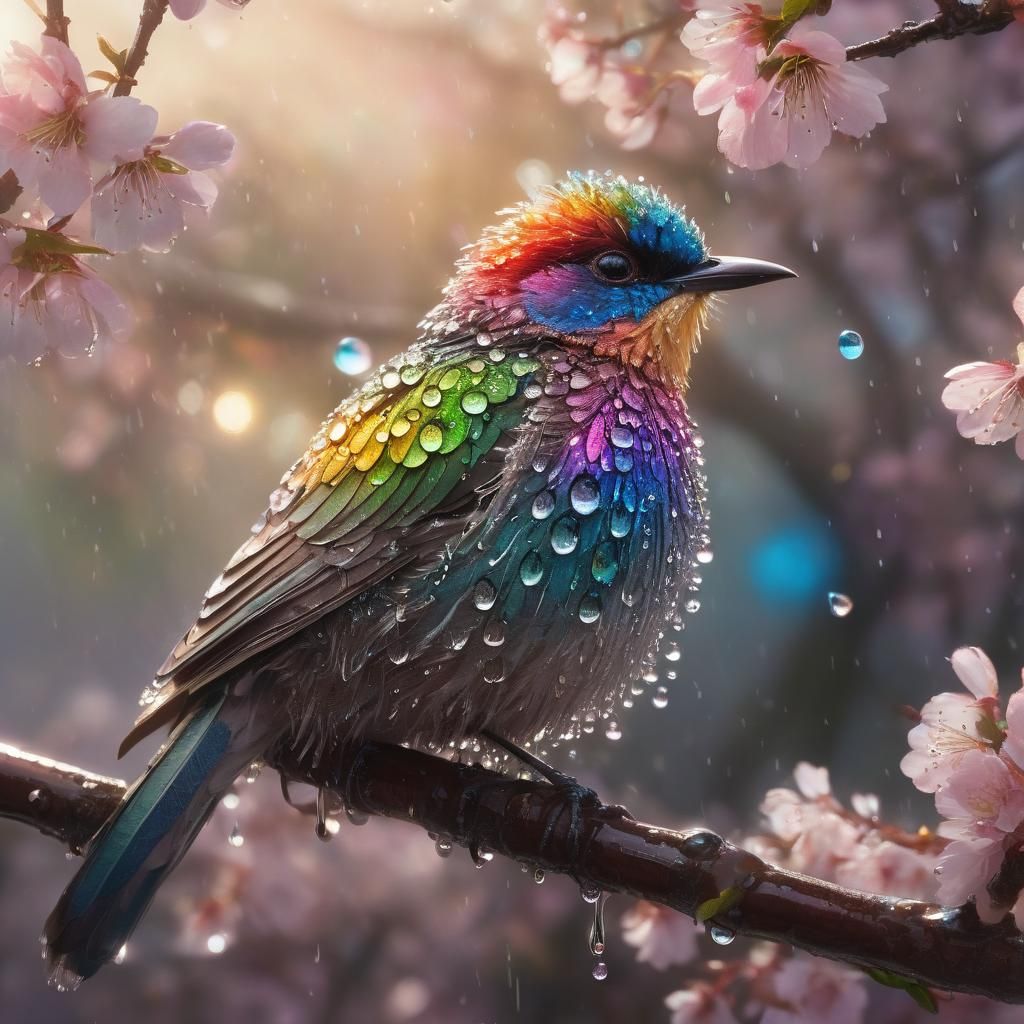 Bird with Rainbow Dew Drops on Cherry Branch