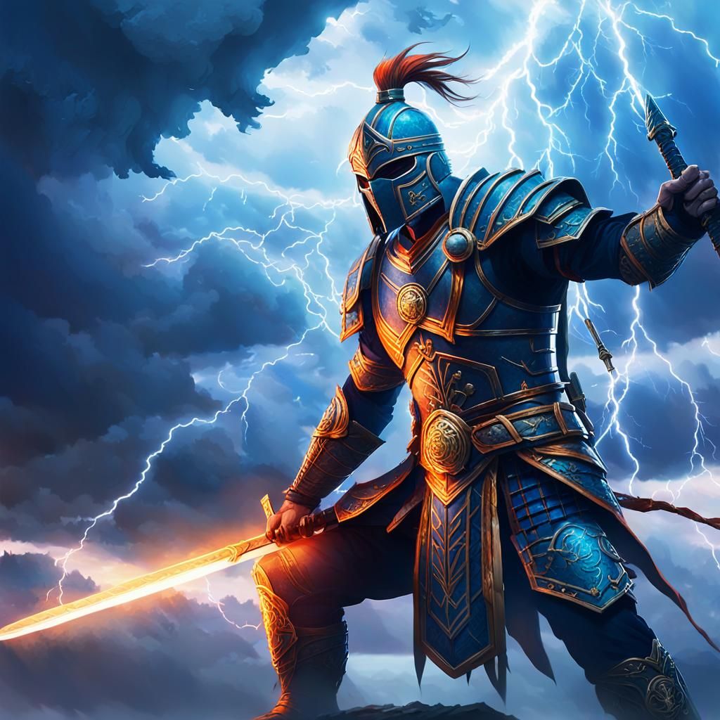 Epic Fantasy Warrior: Lightning Strikes in Anime Style