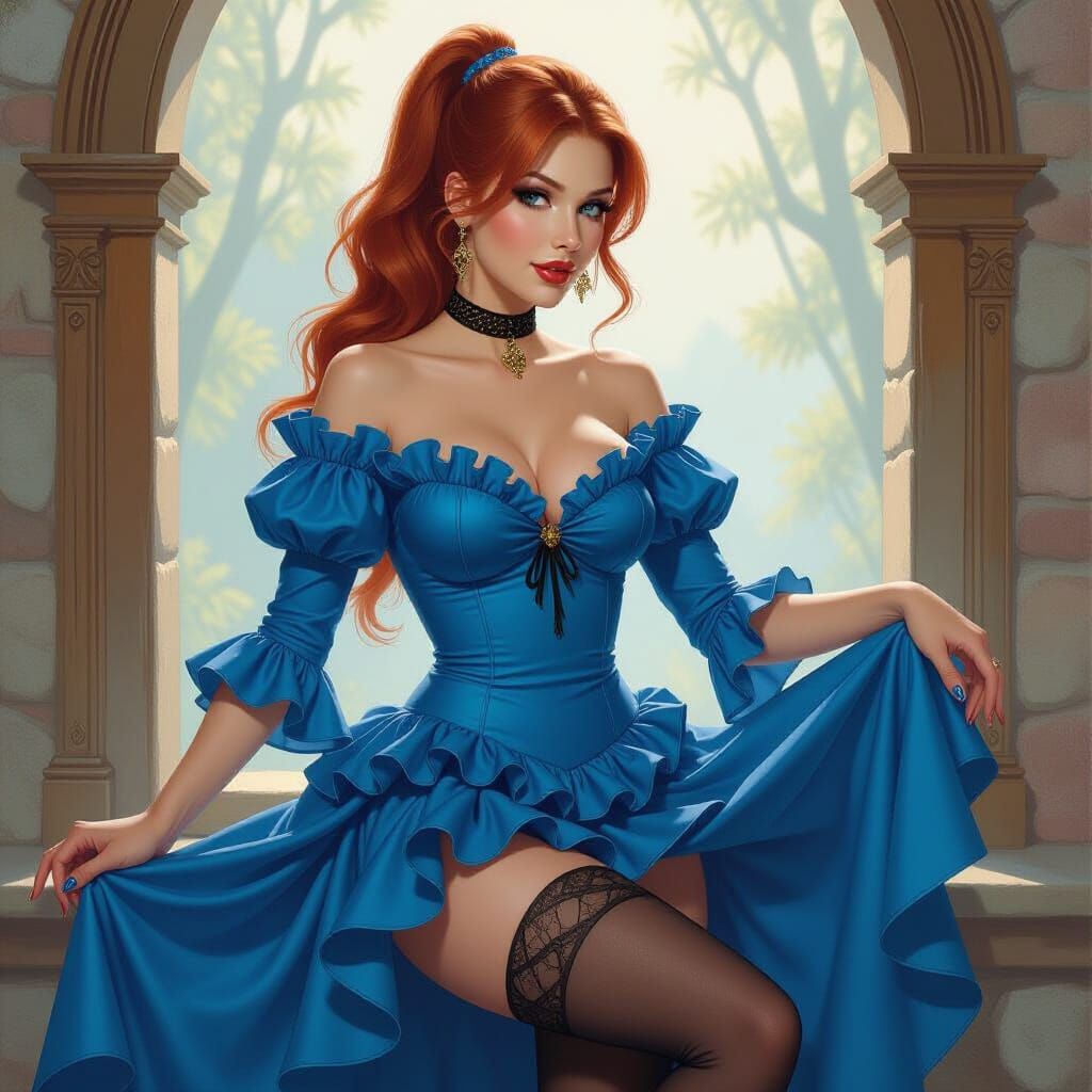 Redhead Mage in Blue Dress: Digital Pin-Up Art