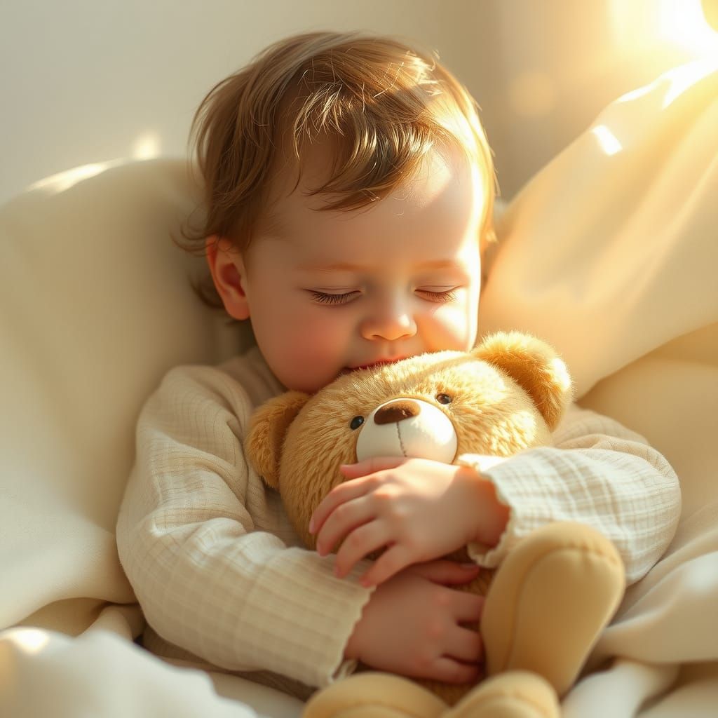 Infant's Gentle Embrace: Teddy Bear Serenity