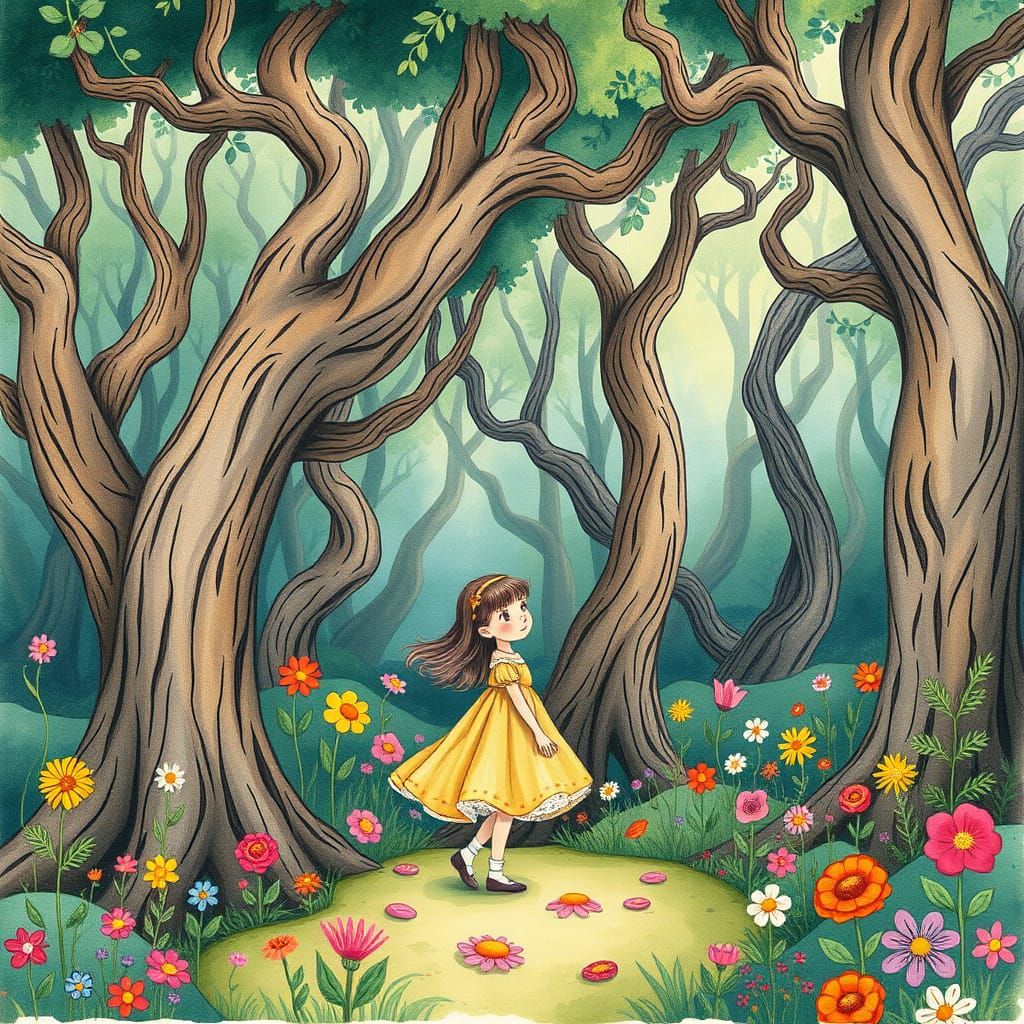 Whimsical Girl in Fantastical Forest Illustration