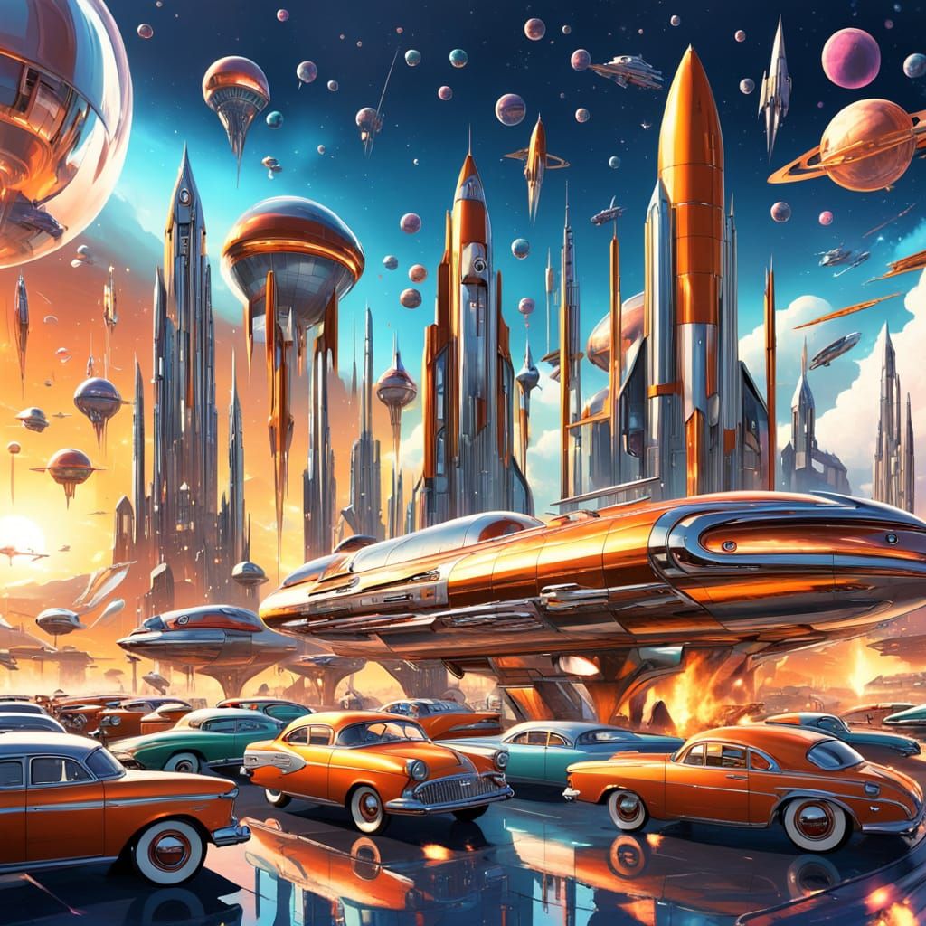 Retro Atomicpunk Sci-Fi Scene with Chrome Rockets