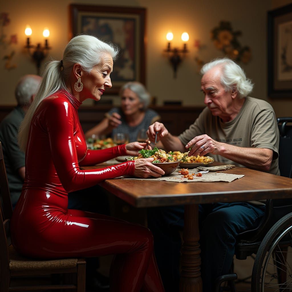 Elegant Elderly Woman Dines with Friends in Rustic Room
