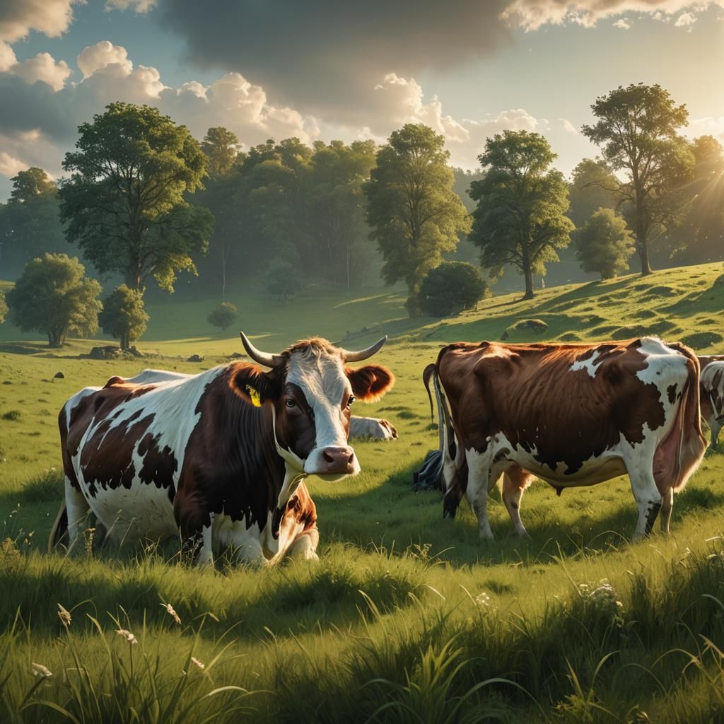 Cow Eating in Meadow: Hyper-Realistic Digital Art