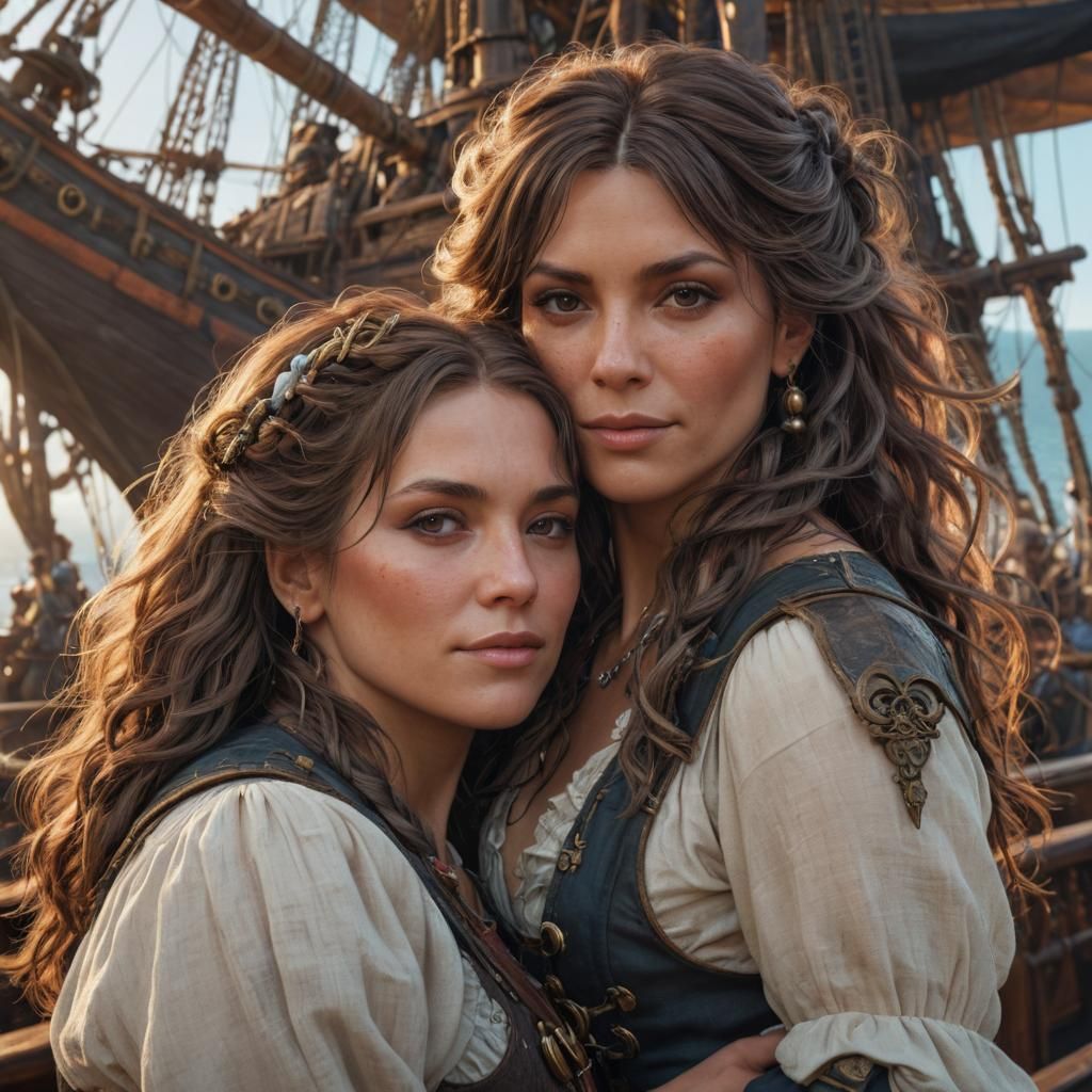 Two Pirate Women Cuddling on Ship: Hyperdetailed Art