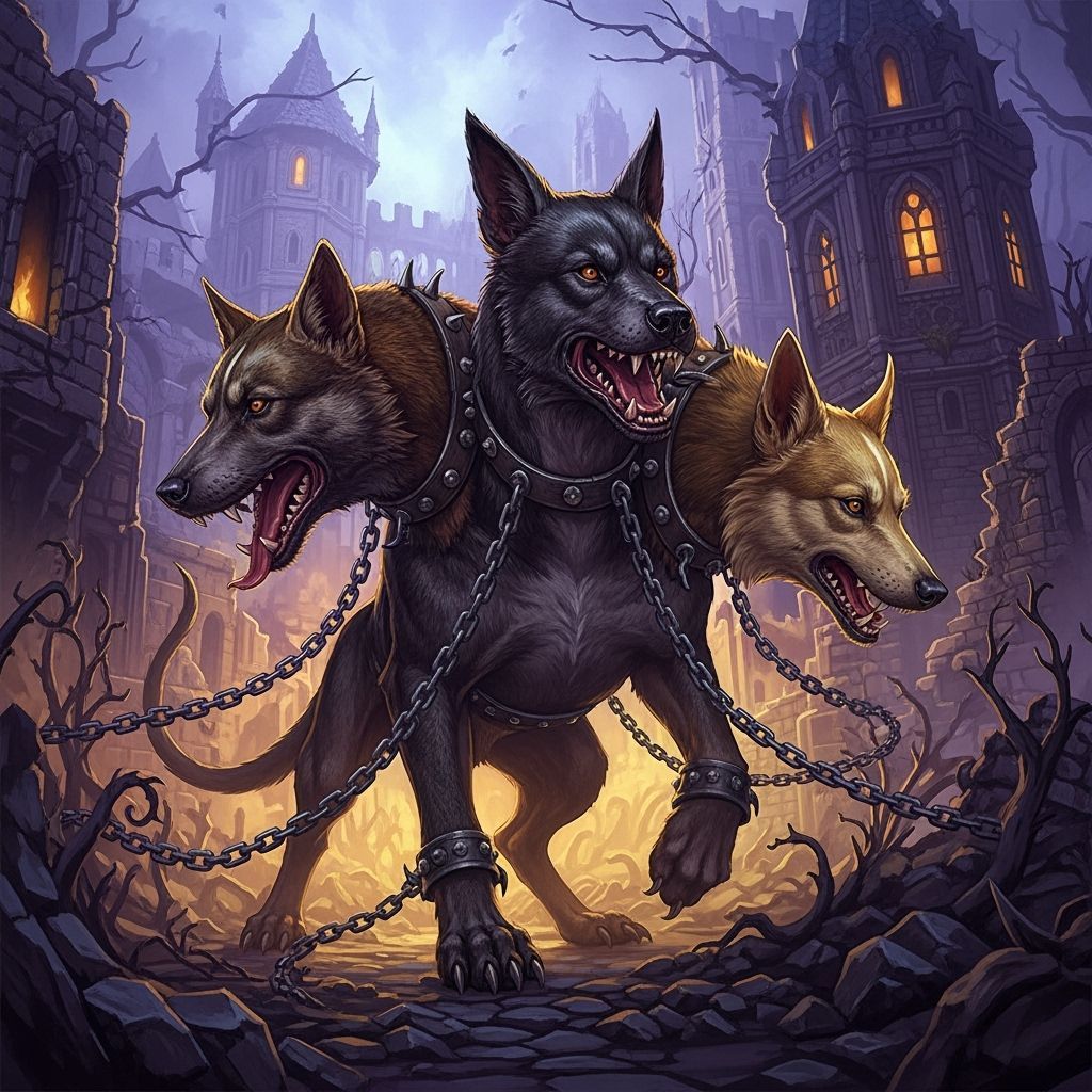 Three-Headed Dog in Dark Fantasy Style