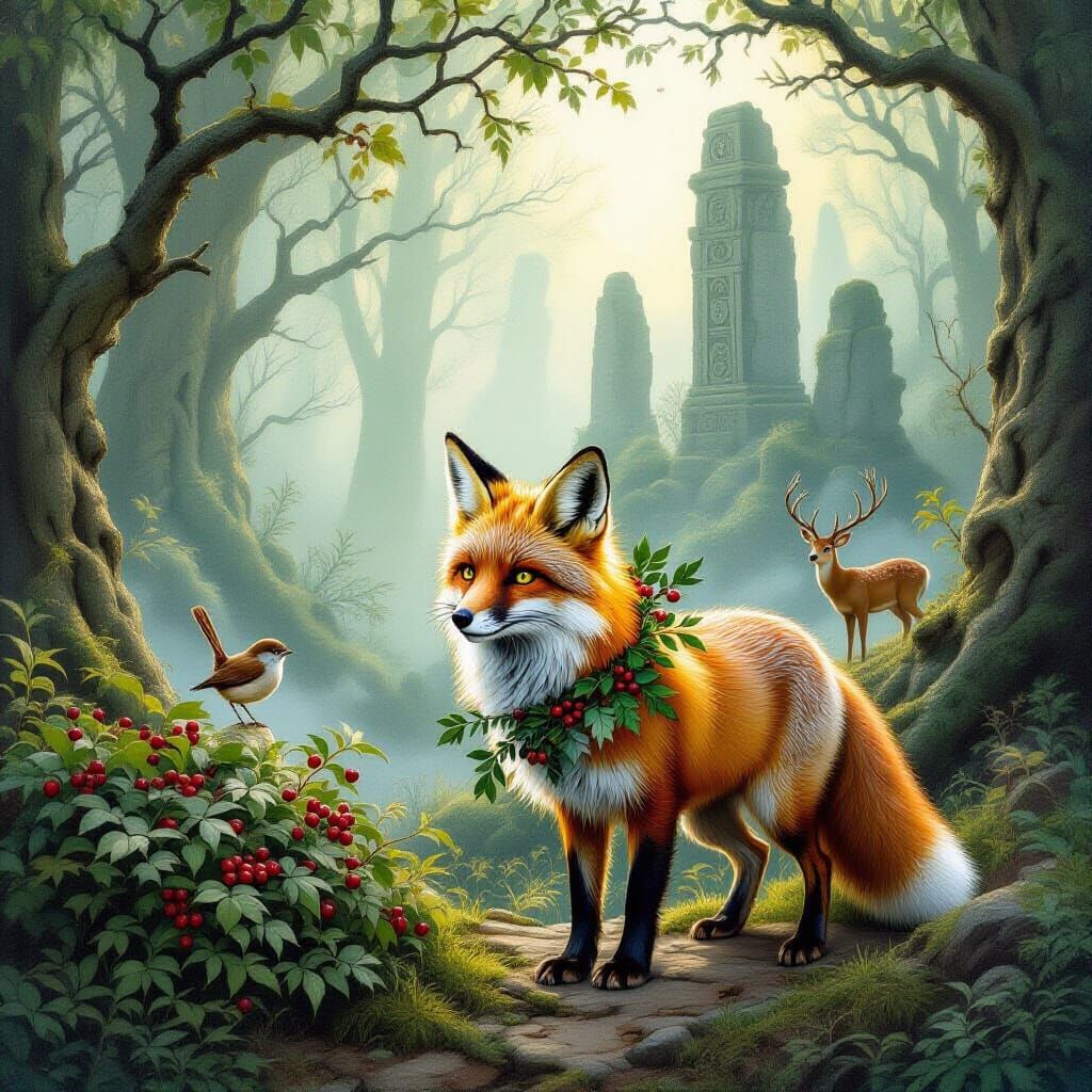 Fox Explores Mystical Forest with Celtic Ruins