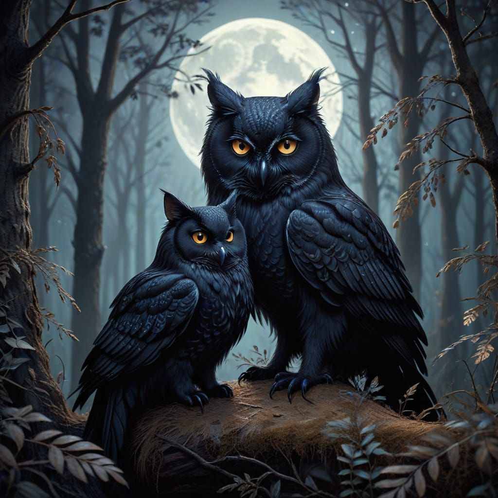 Mystical Black Cat and Owl in Dark Fantasy Art