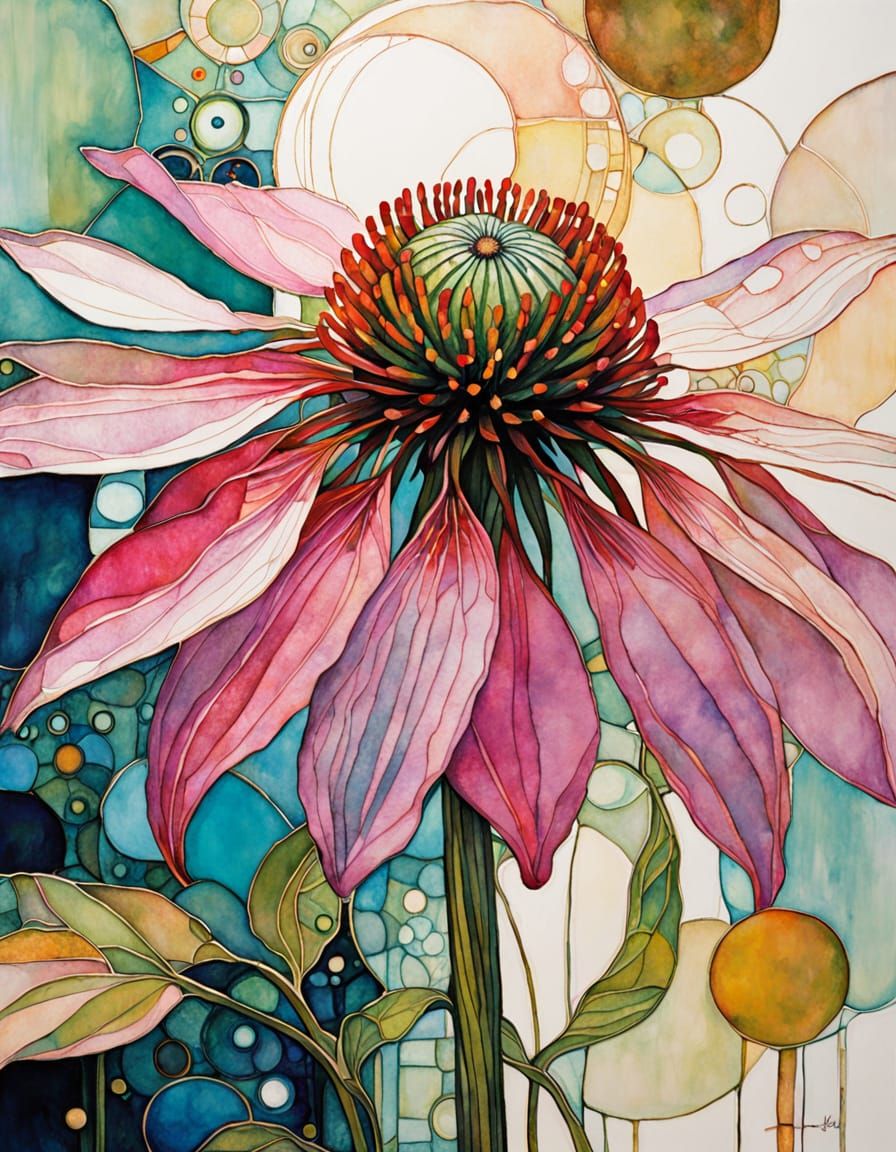 Pink Coneflower Macro in Ethereal Mixed Media Style