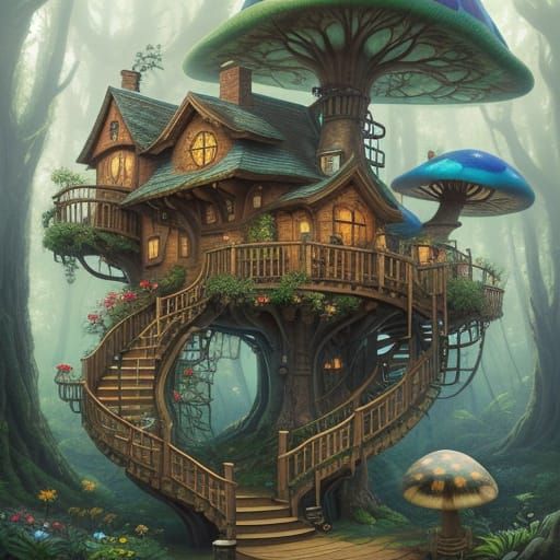 Enchanted Mushroom Treehouse in Fantasy Matte Painting Style