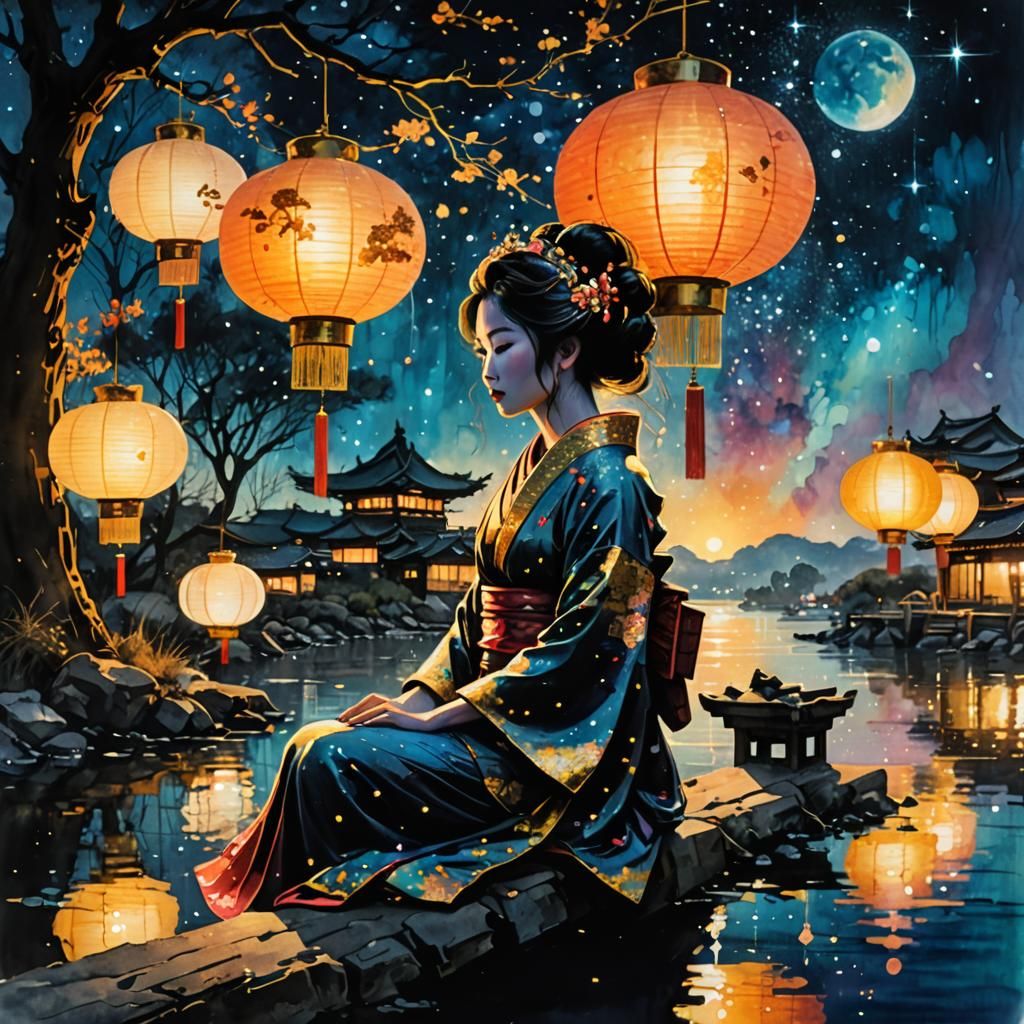 Geisha Silhouette at Lantern Festival in Anime Style