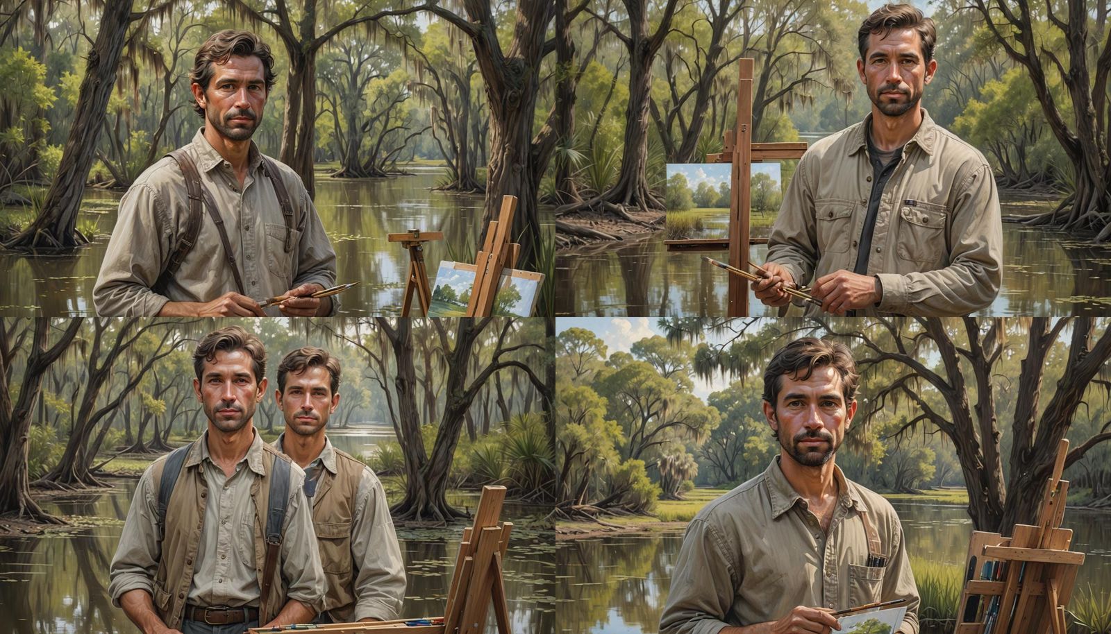 A stunning, hyper-detailed portrait of a Cajun man with short dark brown hair and light brown intelligent eyes that gent...