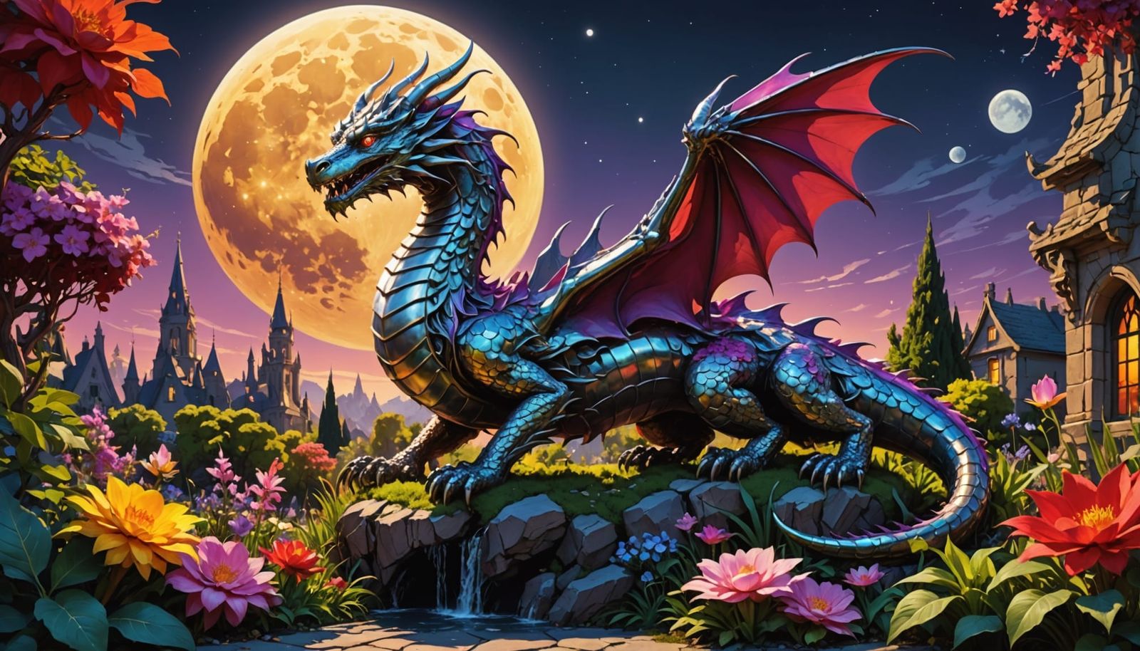 Chrome Dragon Statue in Overgrown Moonlit Garden