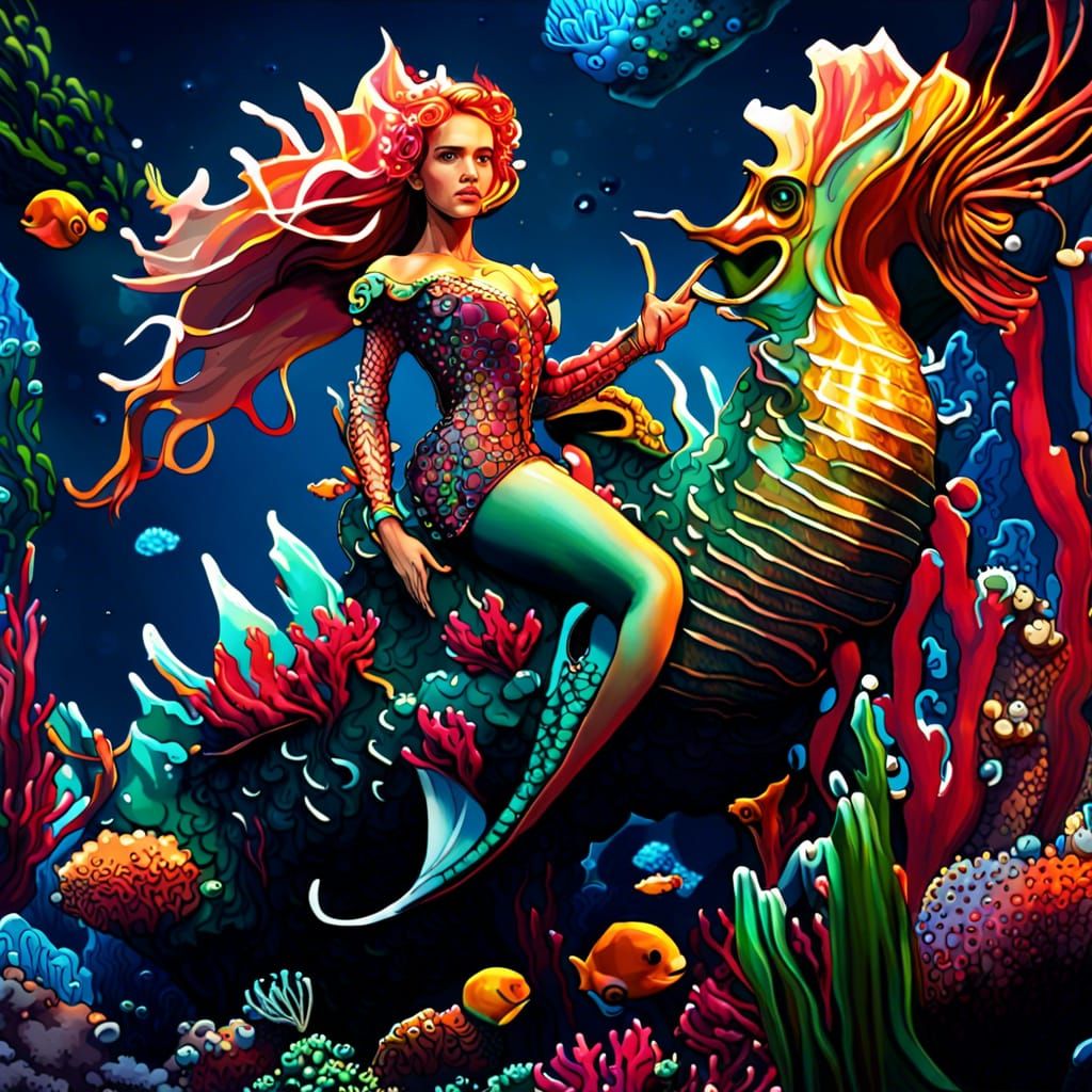 Fantasy Mermaid on Seahorse in Coral Reef