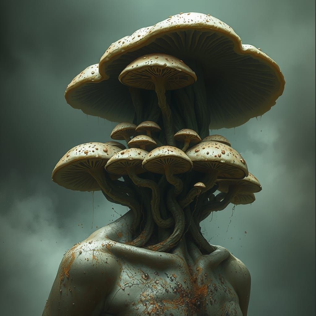 Surreal Hybrid Emerges from Fungal Overgrowth in a Dark, Sin...