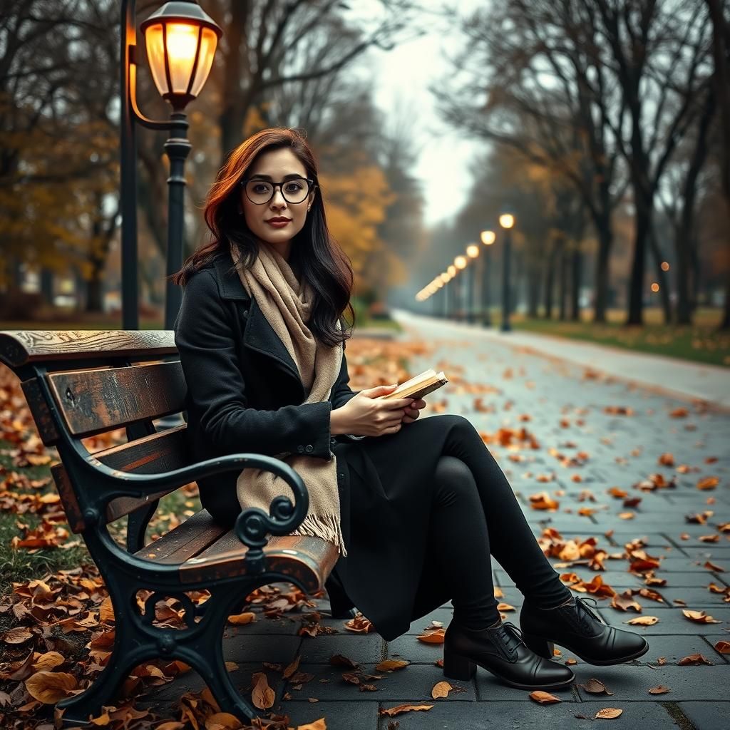 Lonely Brunette in Autumn Park with Soft Lighting