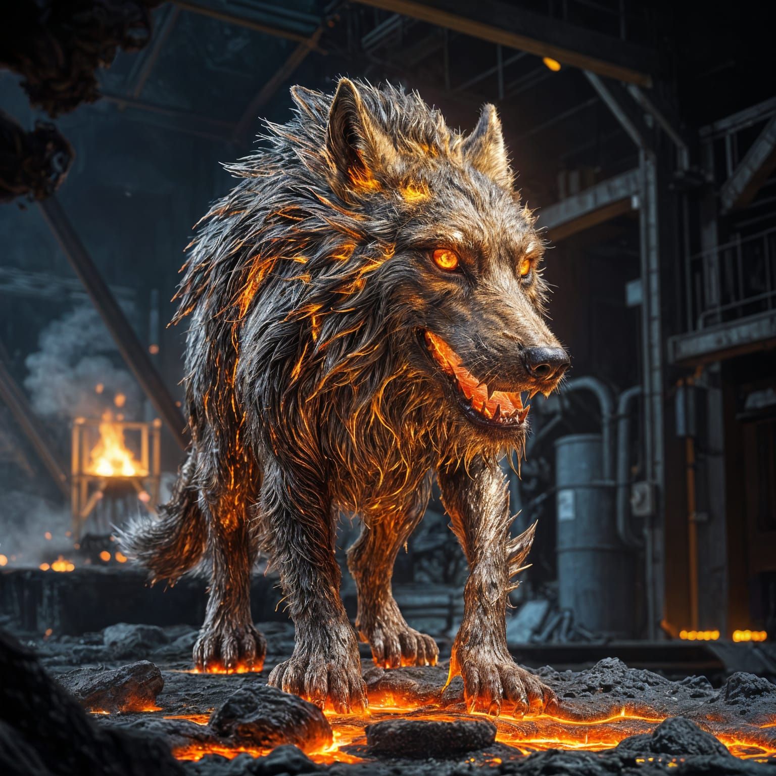 Molten Metal Wolf in Industrial Landscape