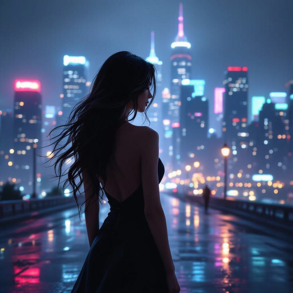 Woman Overlooking Neon Cityscape at Night
