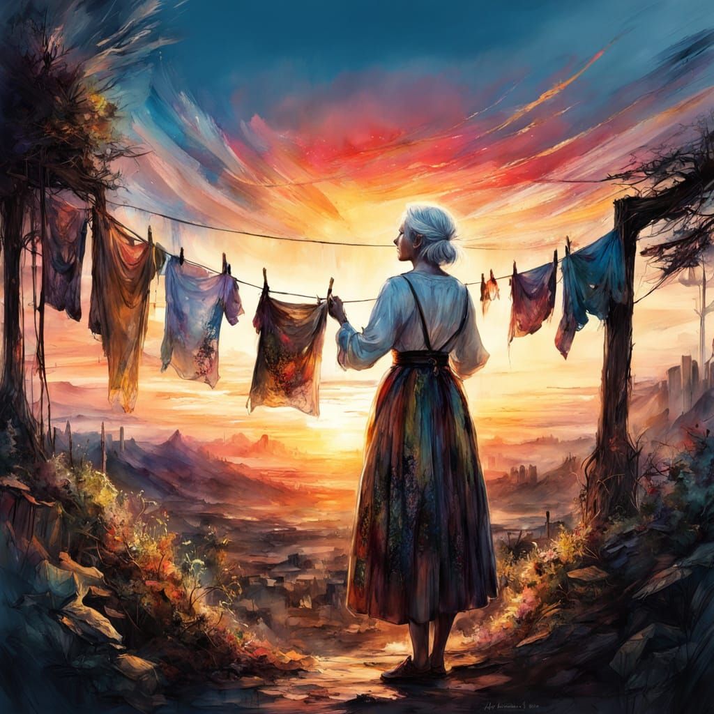 Elderly Woman's Laundry: Digital Watercolor Illustration