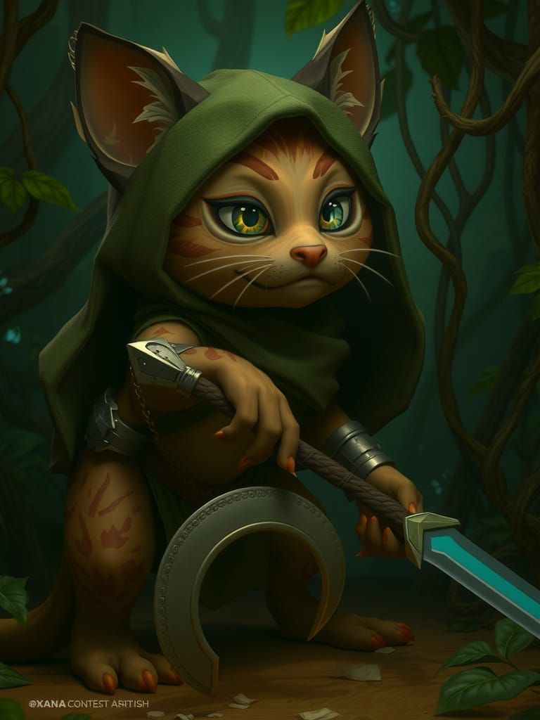 Feline Warrior Prowls Moonlit Forest in Pixar Style