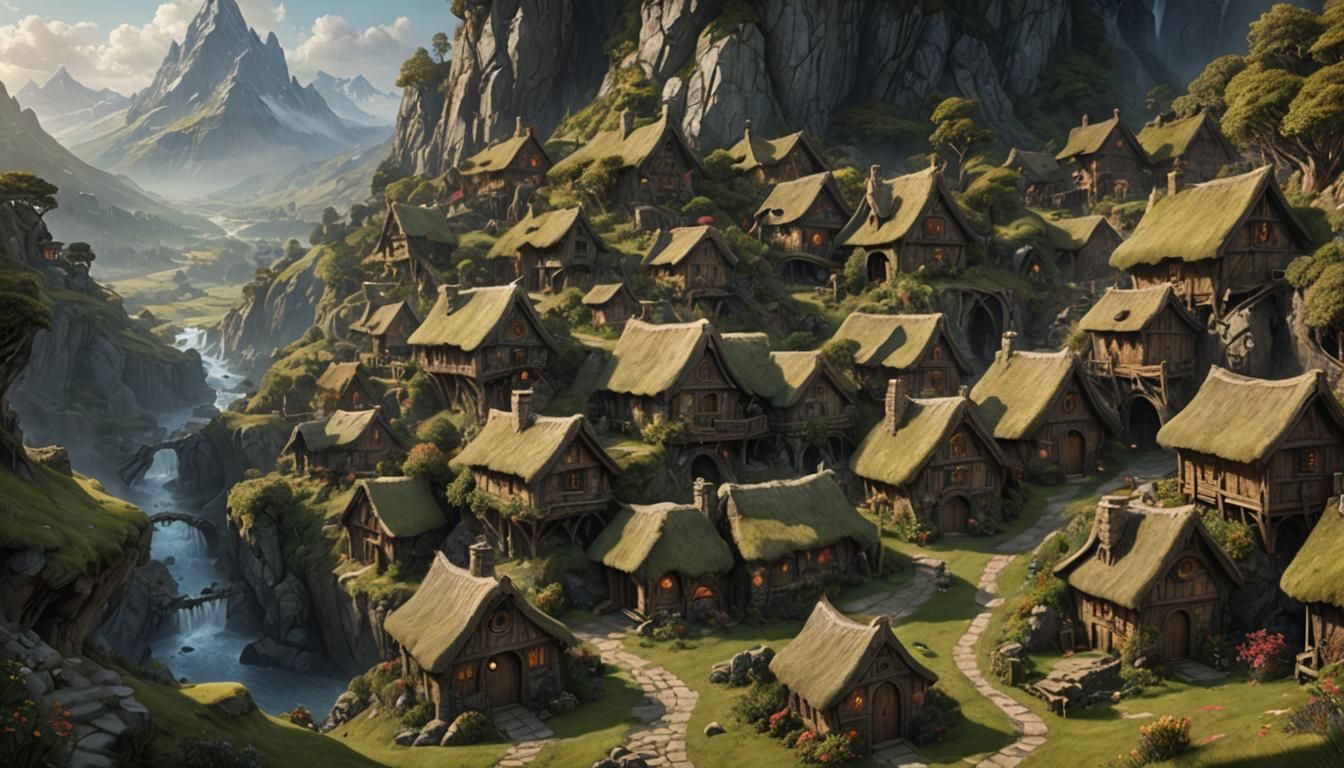 Enchanting Hobbit Village Concept Art in Digital Oil