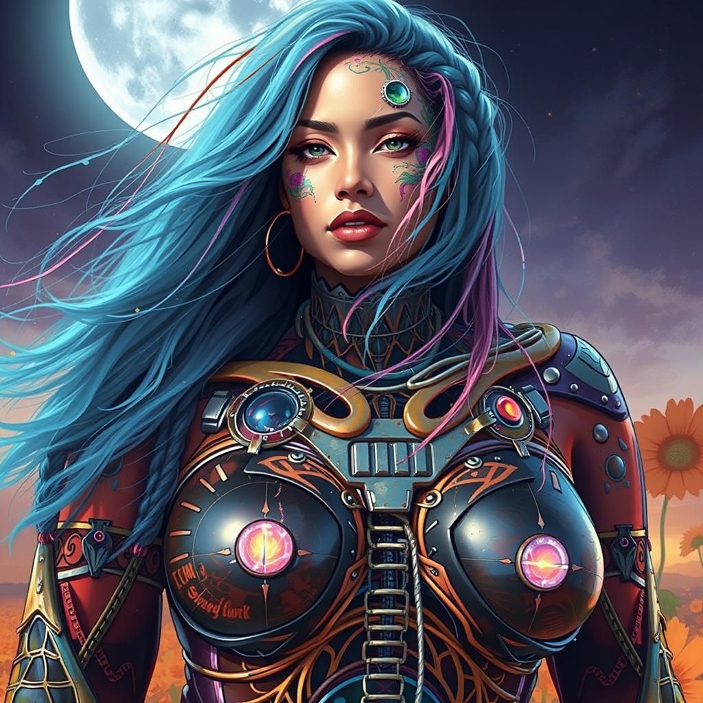 Fashion Model in Floral Field: Graffiti Art Style