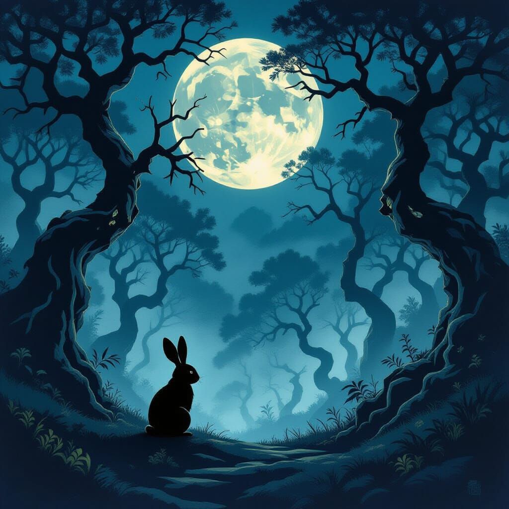 Solitary Rabbit in Moonlit Ancient Forest