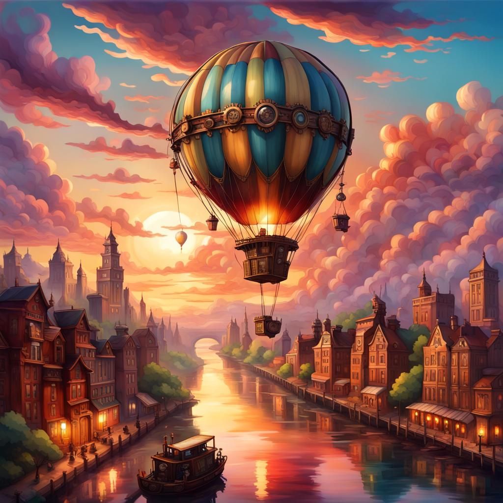 Steampunk Hot Air Balloon Over Exotic City at Sunset