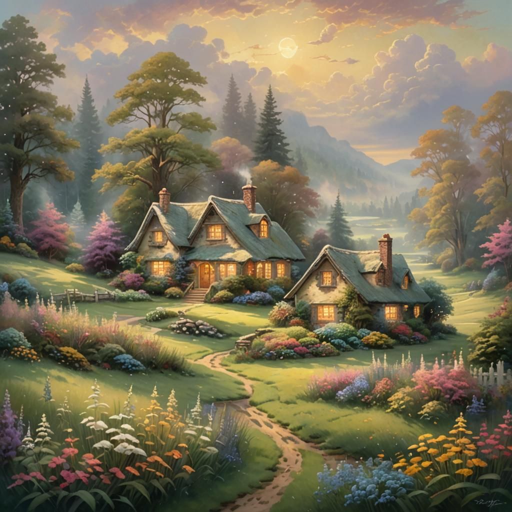 Ethereal Cottage in Meadow: Magical Realism