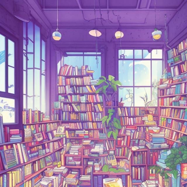 Cyberpunk Lo-Fi Bookstore Illustration in Digital Art Style