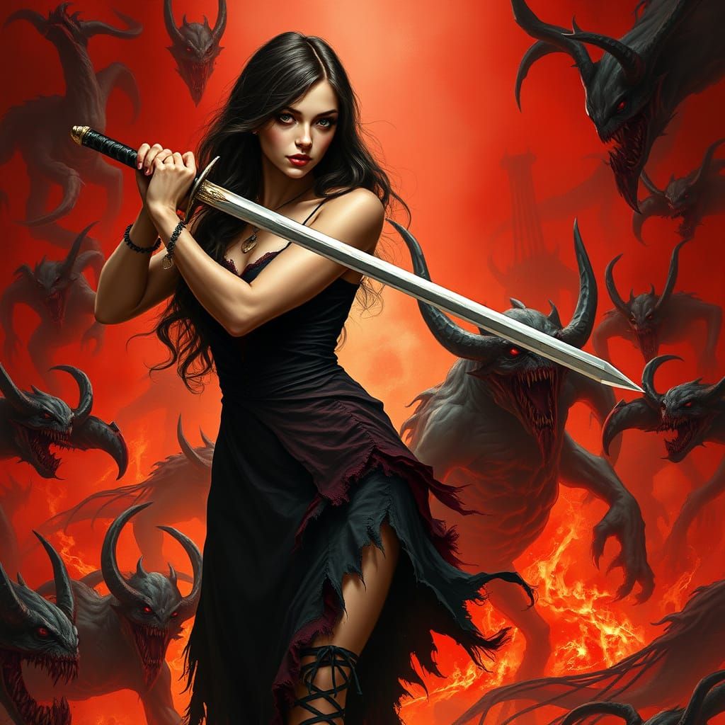 Gothic Fantasy Warrior Battles Demons in Crimson Hell