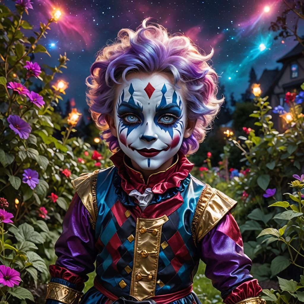 Chibi Harlequin in Nebula Aurora Sky, Fantasy Concept Art