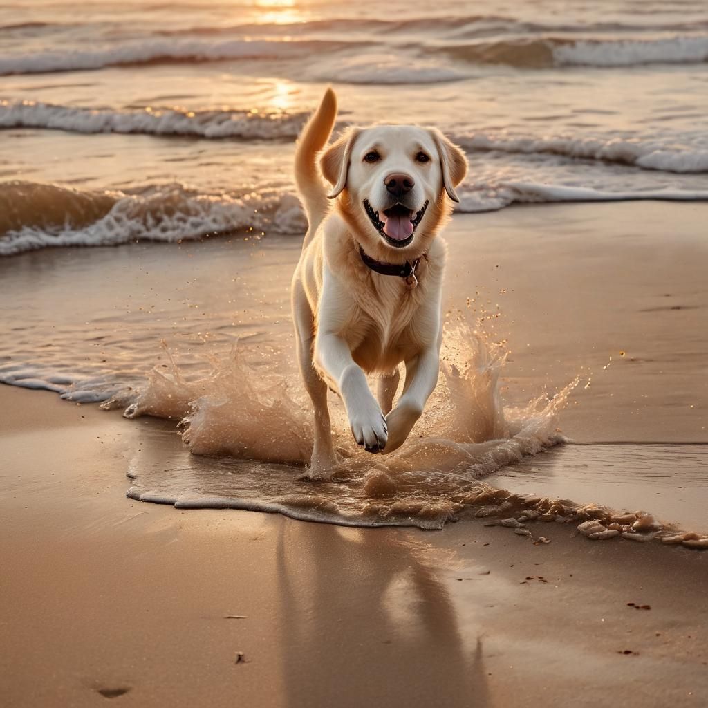 Labrador Retriever Runs on Beach at Sunset