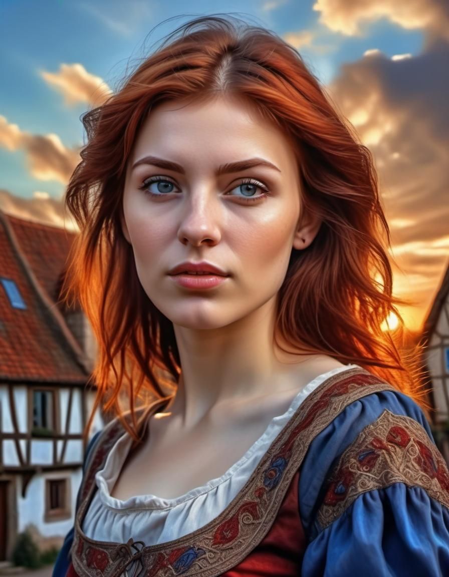 Auburn-Haired Woman in Medieval Village: Oil Painting