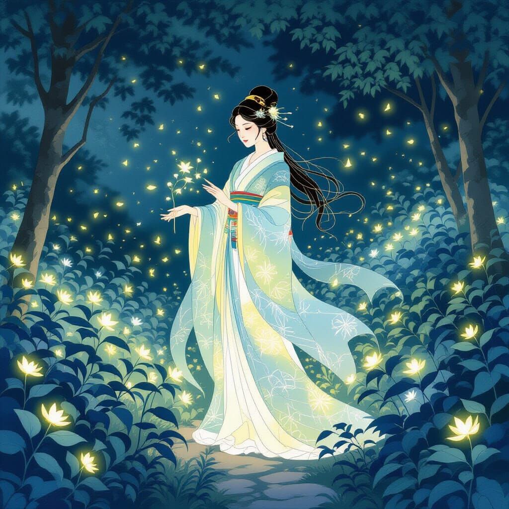 Goddess in Bioluminescent Garden, Ukiyo-e Style