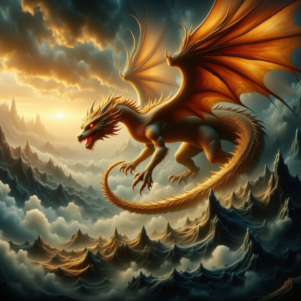 Majestic Bronze Dragon Soars Through Golden Hour Sky