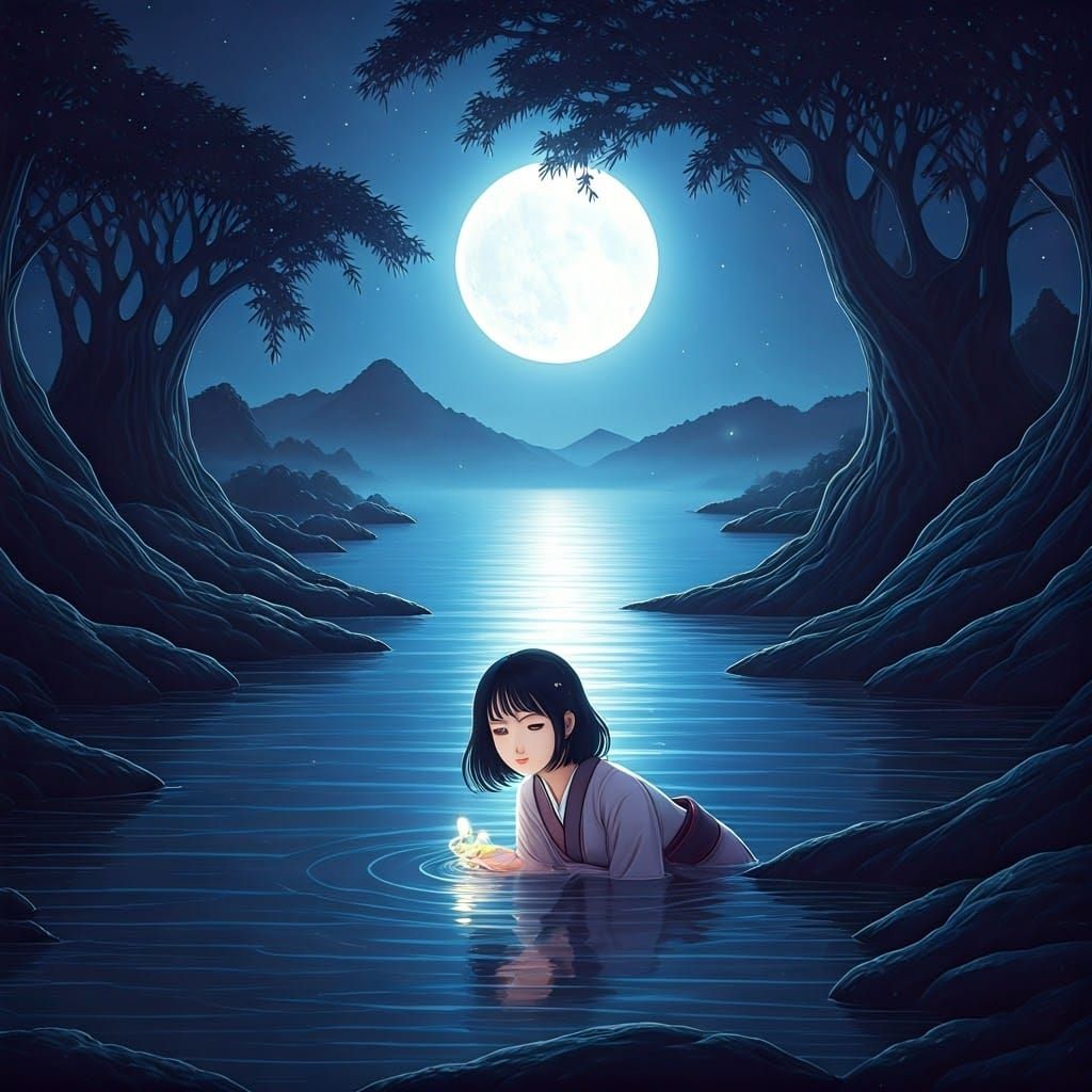Rising Moon: Ukiyo-e Anime Woman in Crystal Waters