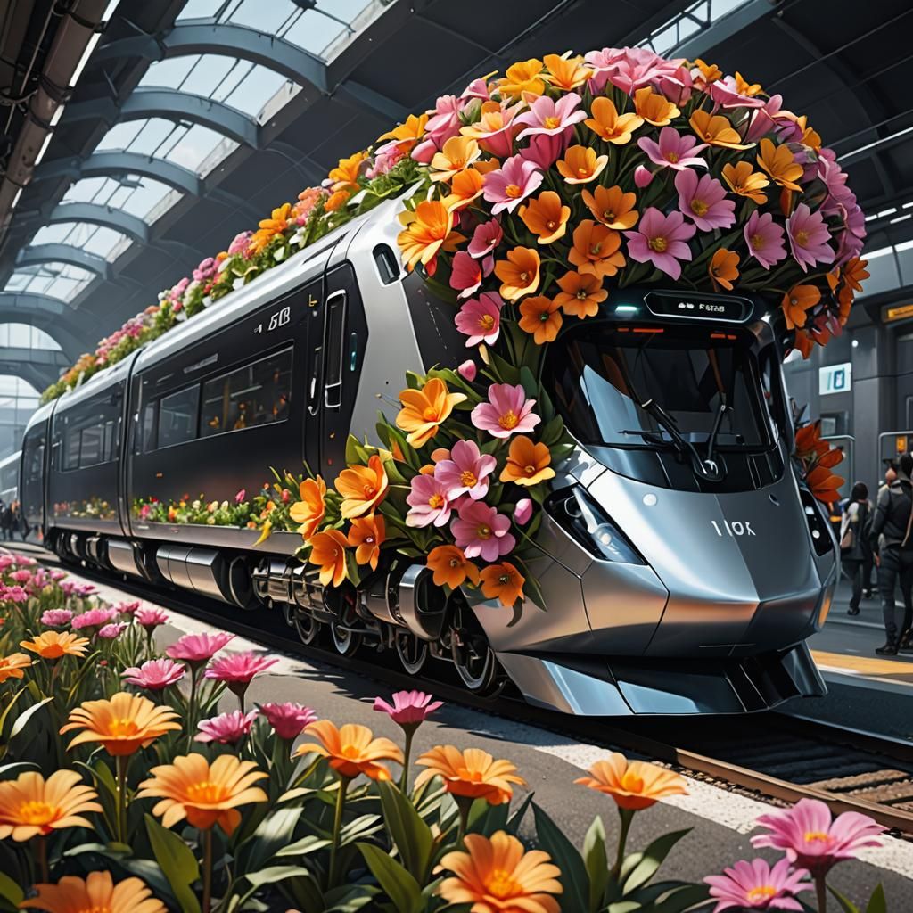 Futuristic Flower Train in Hyperrealistic Digital Art