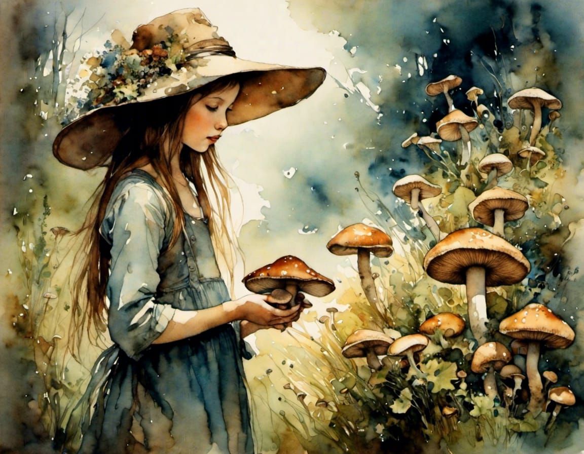Girl in Wide Brimmed Hat Gathering Mushrooms
