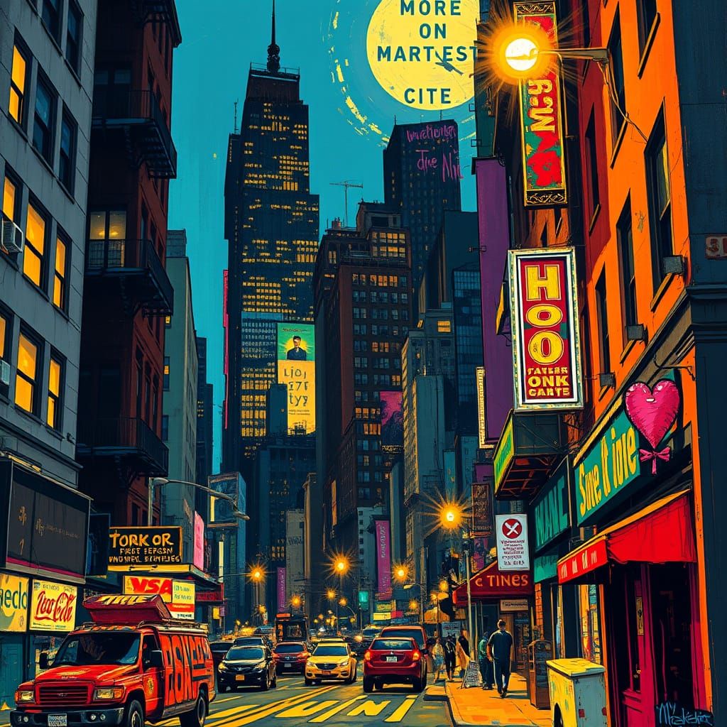 Surreal Cityscape in Vibrant, Neon-Lit Style