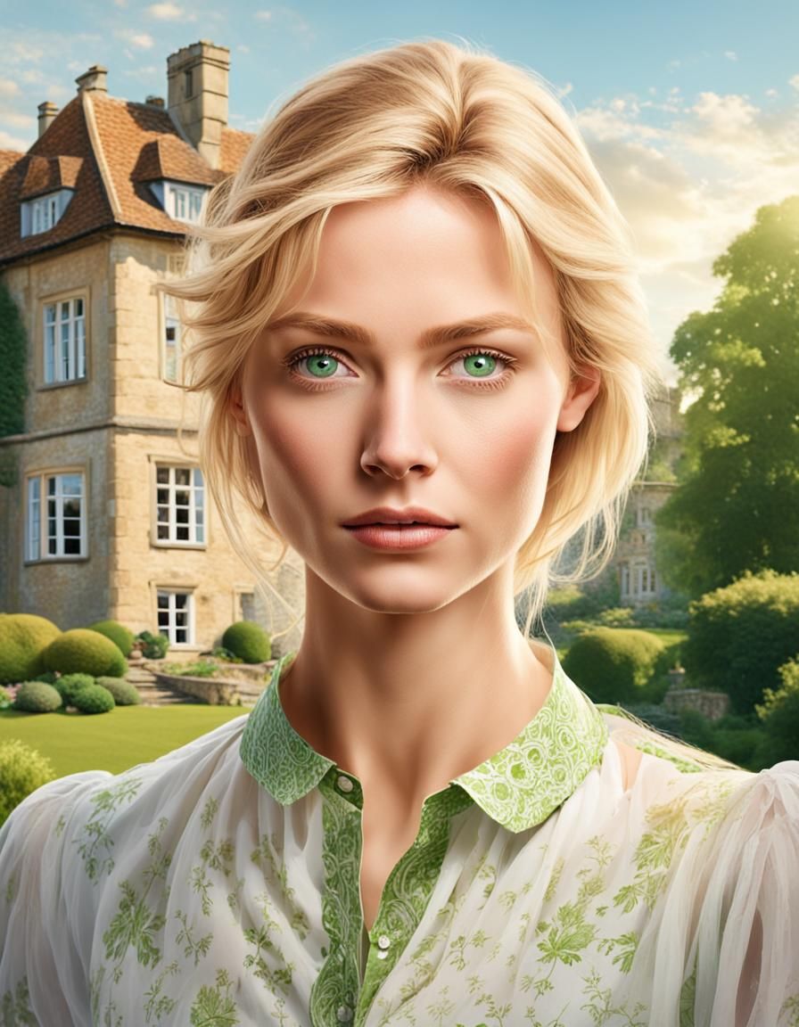 Blond Woman Portrait with Manor Background