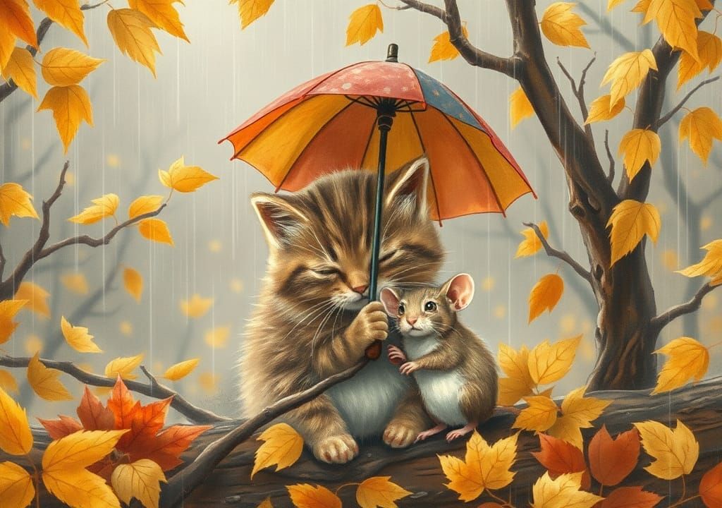 Kitten and Mouse in Rainy Autumn Forest