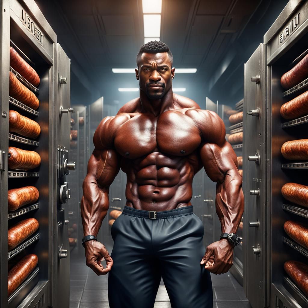 Muscular Bodybuilder Storing Sausages in Bank Vault