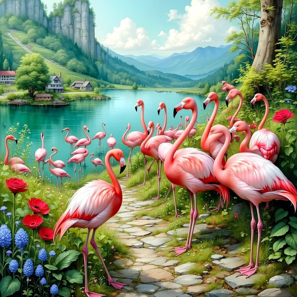 Peaceful Flamingos in a Vibrant Pastel Landscape
