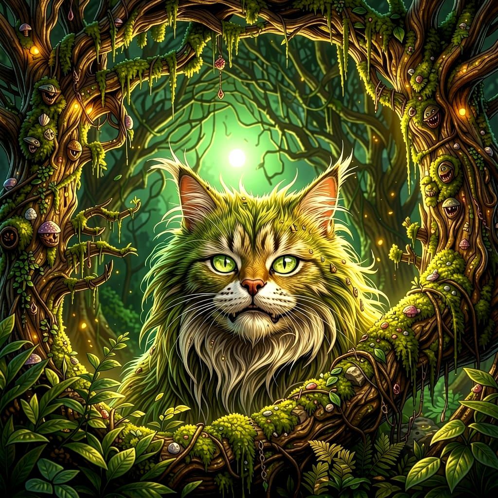 Grumpy Cat Lurking in Mossy Tree at Night