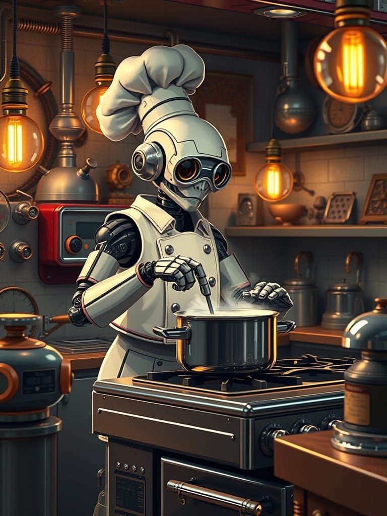 Robot Chef in Retro Kitchen, Tim Burton Style