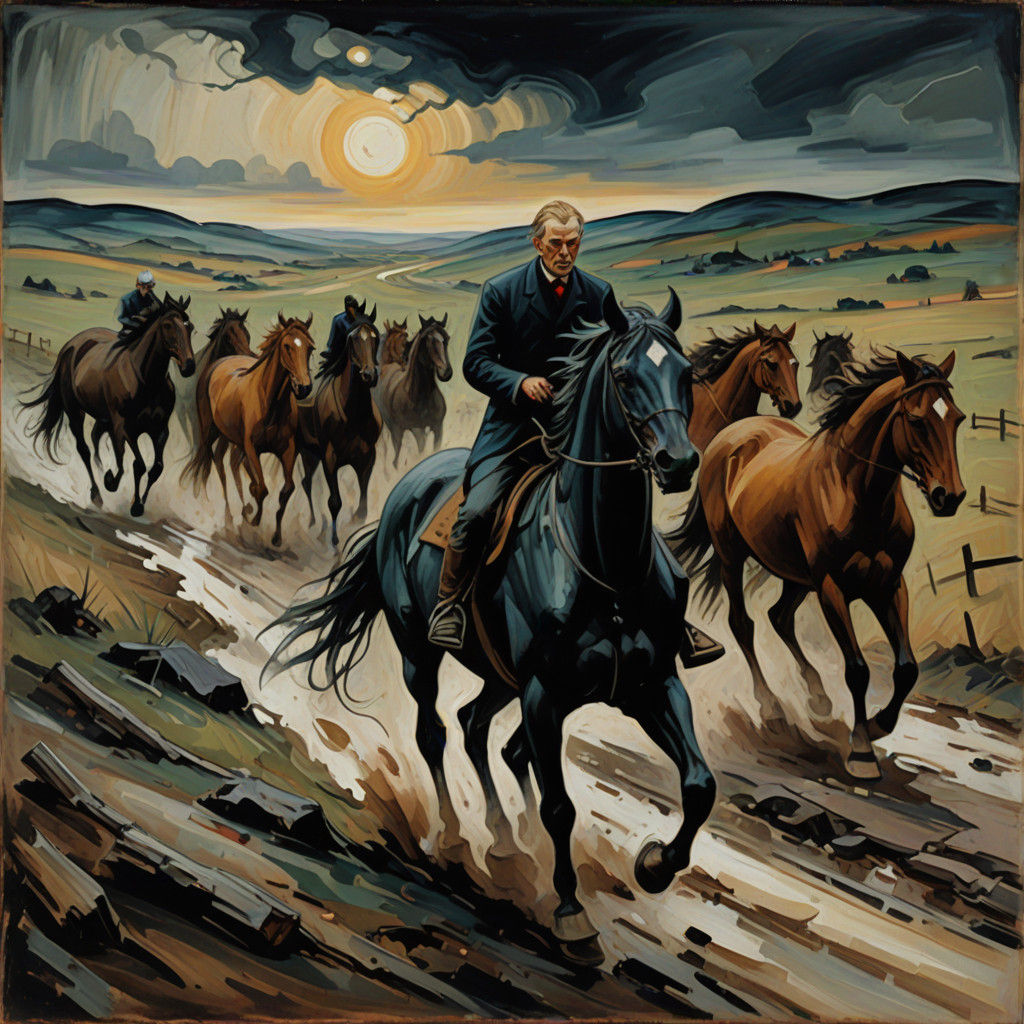 Expressionist Horses and Weary Traveler in Desolate Landscap...