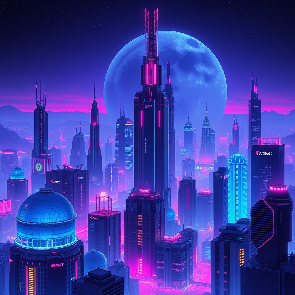 Surreal Cyberpunk Moon City at Dusk